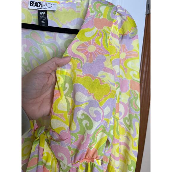 Beach Riot Yellow Pink Romper Cover Up Medium Tie Front V Neck - Picture 8 of 12